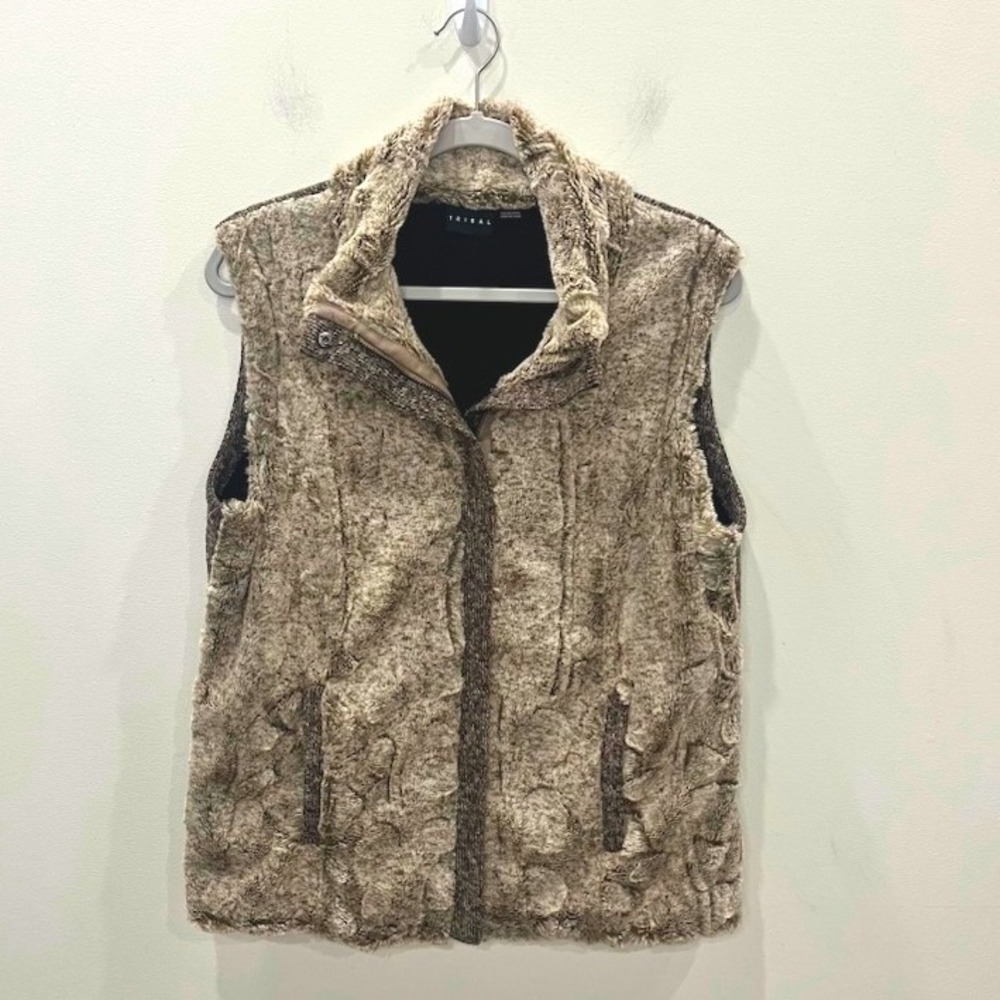 Tribal Luxe Faux Fur Sweater Knit Vest Brown Tan Brown Size Large Cabincore Cozy